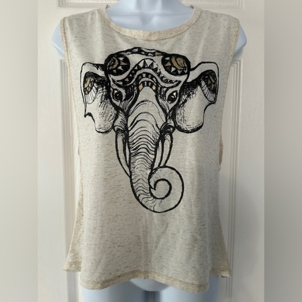 A3 Design Elephant Graphic Cutout Back Tank Top in Oatmeal Speckle Size Small